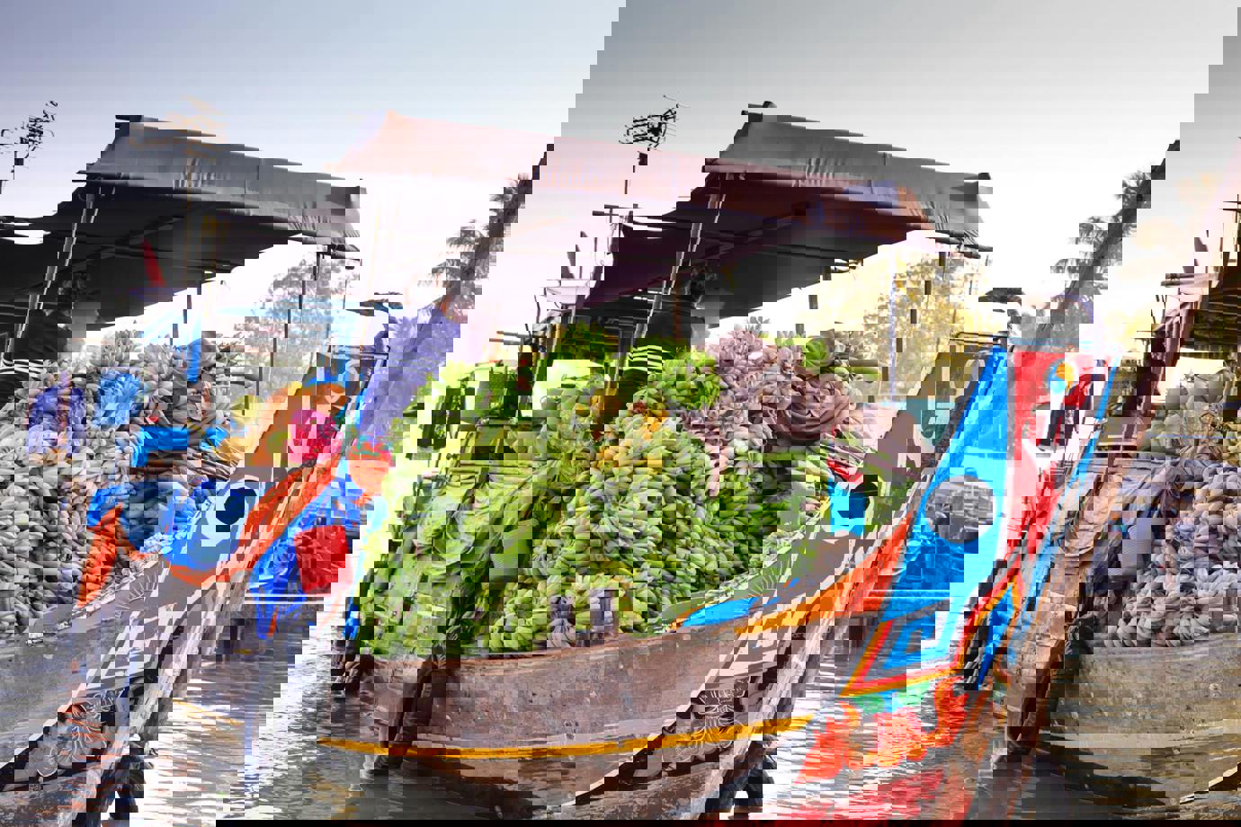 A boat loaded with fresh fruits in a floating market