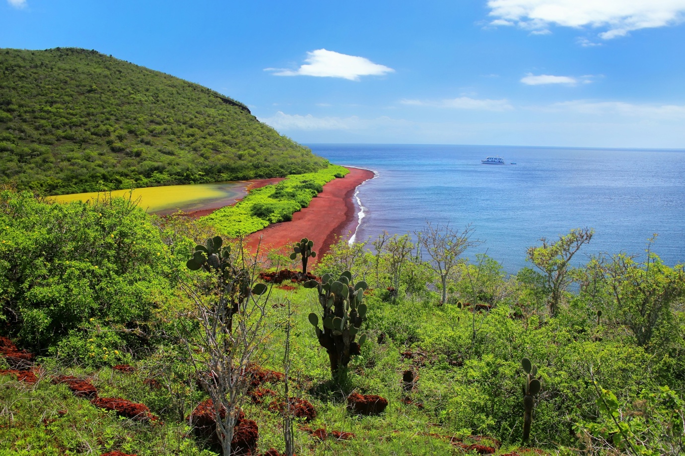 Red beach and lagoon in Rabida Island