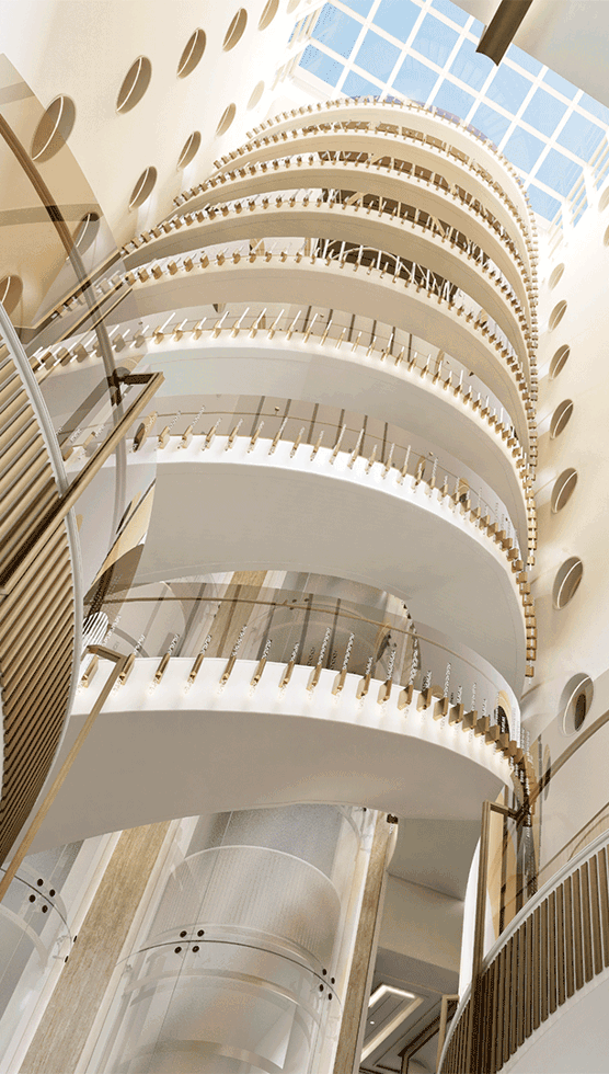 Starlight Atrium's twin spiral staircases