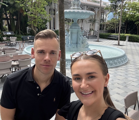 Sam and Lucy strolling around the grounds to Long Bar